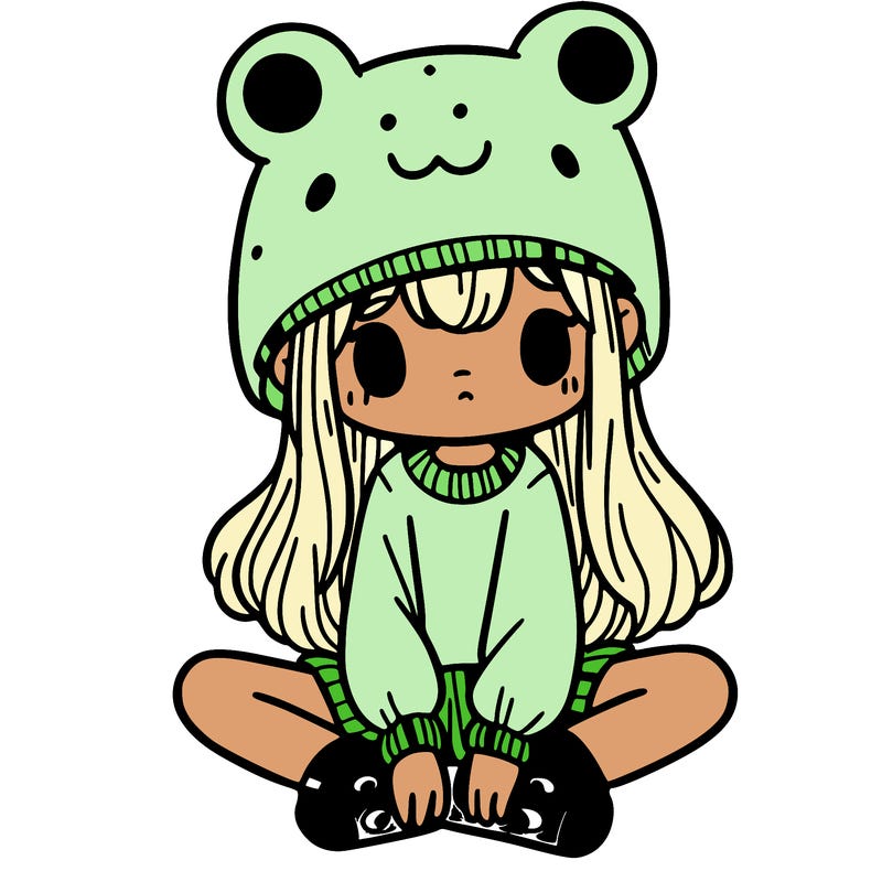 a girl wearing a frog hat and some frog socks