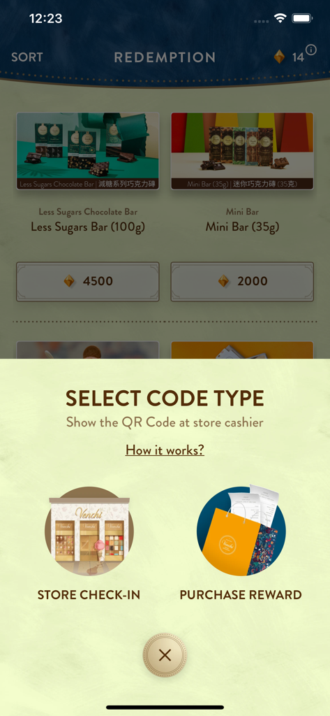 Venchi HK - Chocolate & Gelato - Venchi HK app redemption screen showing options for store check-in and purchase rewards alongside chocolate bar prizes