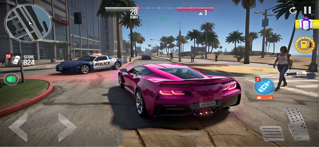 City Gangster Mafia Crime Game - Vista de conducción en tercera persona de un coche deportivo rosa en una ciudad de mundo abierto junto a un coche de policía en City Gangster Mafia Crime Game.