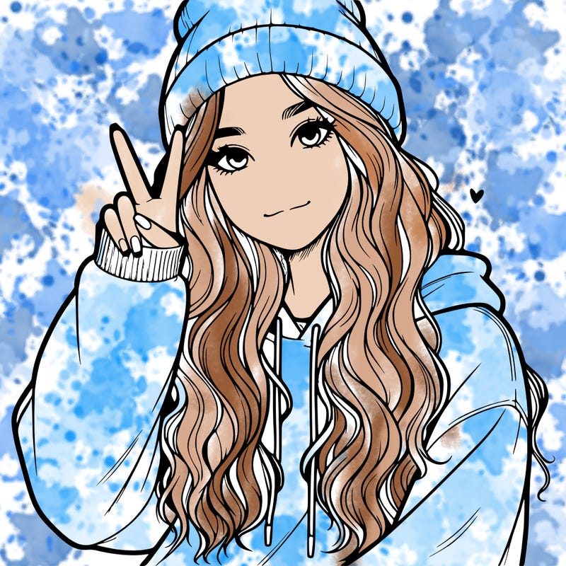 a teenage girl in a beanie, oversized sweatshirt, wavy long hair, and is showing a ✌️