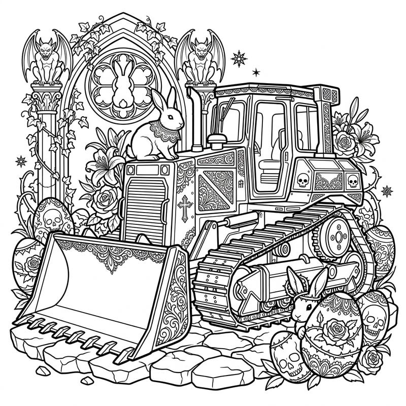 Dive into a wonderfully unique coloring experience where the might of a bulldozer meets the macabre charm of Gothic Easter. This intricate page offers a captivating blend of heavy machinery, ornate seasonal details, and a touch of spooky elegance for colorists of all ages.