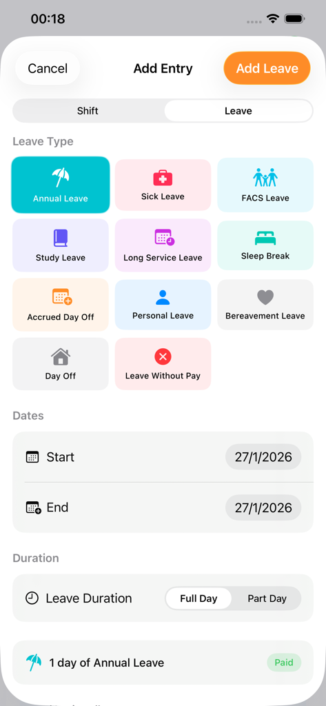 MyRoster - MyRoster app interface for adding leave entries showing options like annual leave, sick leave, and study leave for healthcare shift workers