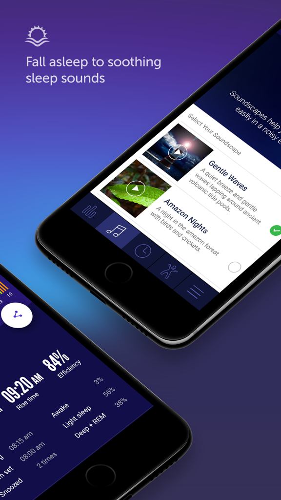 Sleep Time app interface showing soothing sleep sounds selection and sleep cycle analysis data