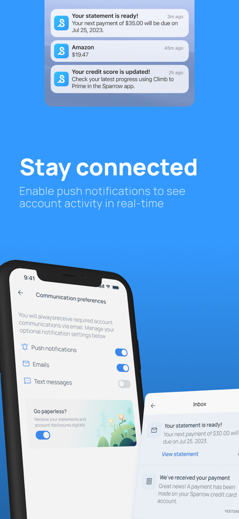 Interface of the Sparrow Card App displaying push notification settings and real-time account alerts