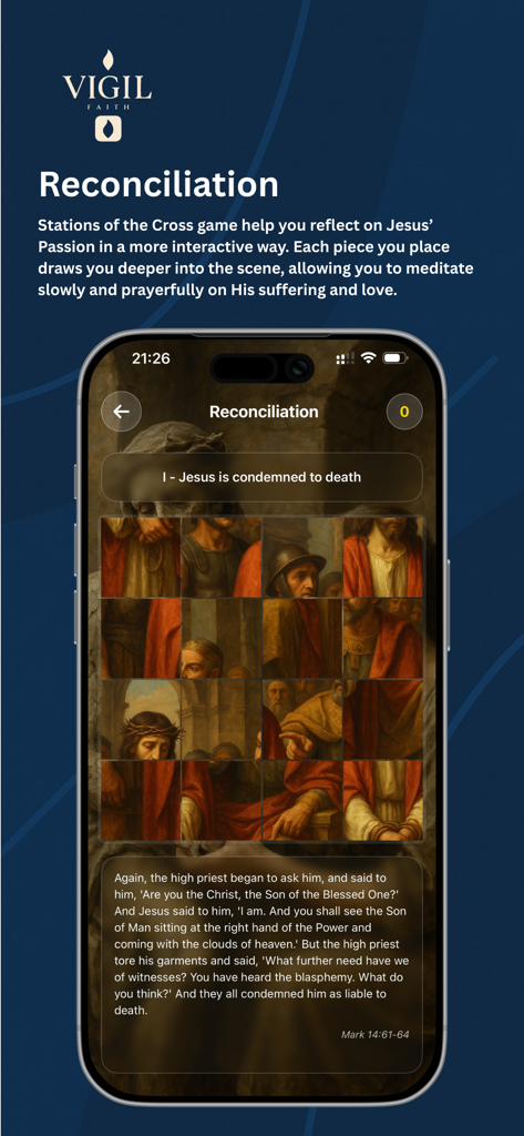Vigil Faith - Catholic Bible - Interaktives Kreuzweg-Puzzle-Spiel in der katholischen Vigil Faith App zum Beten und Nachdenken.