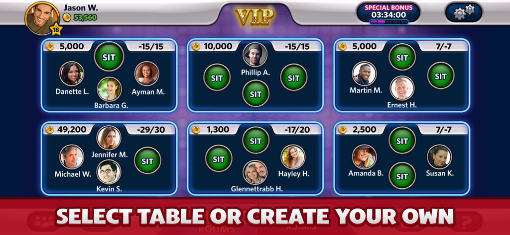 Bid Whist Plus lobby screen showing multiple VIP tables with active players and options to join a game.