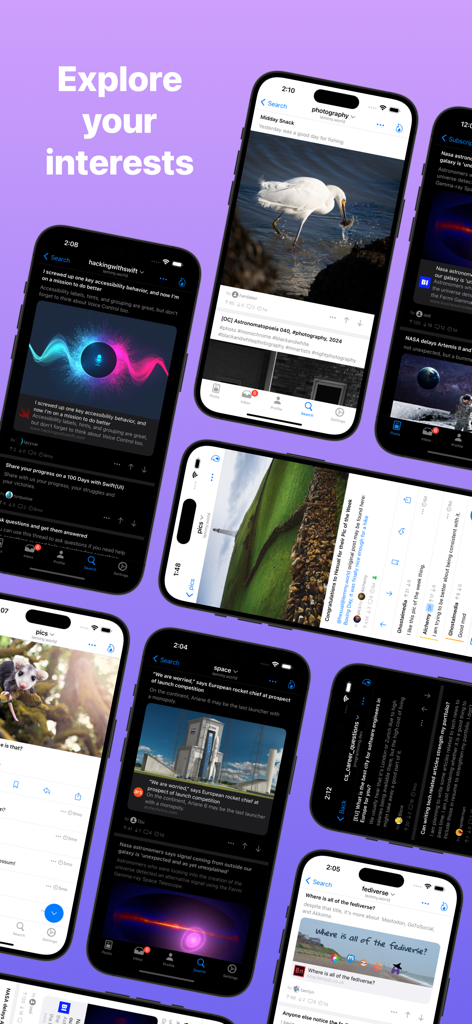 Arctic For Lemmy - Interfaz de la aplicación Arctic for Lemmy destacando varios feeds de comunidades y la función de exploración de intereses