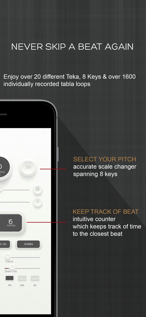 Tabla Studio - Interface of Tabla Studio app showing pitch selection and beat counter features for Indian music practice