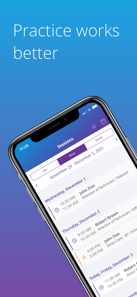 Note ABA - Note ABA mobile app interface showing a clinical session schedule with therapist and client appointments
