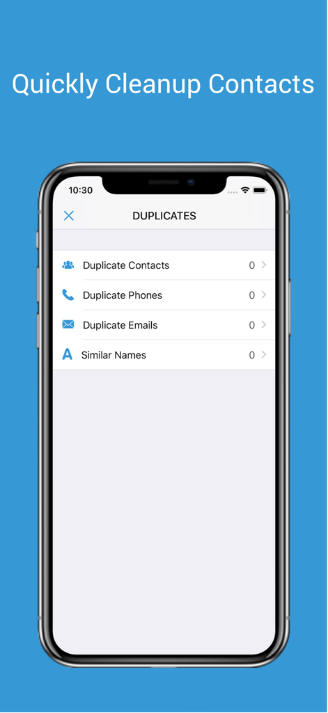 1Contact Pro: Clean & Backup - A smartphone screen showing the 1Contact Pro app interface for identifying and cleaning up duplicate contacts, phone numbers, and emails.