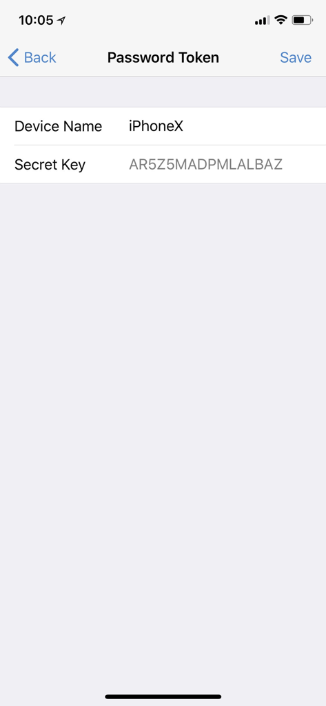 Pantalla de Citrix Secure Access para configurar un token de contraseña que muestra los campos de nombre del dispositivo y clave secreta