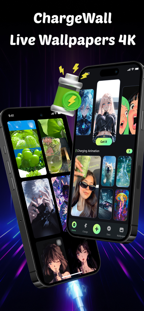 ChargeWall app interface displaying a variety of 4K live wallpapers and charging animations on iPhones