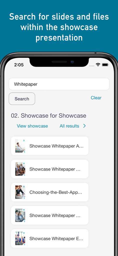 Showcase Workshop - Mobile app screen showing the search feature for finding slides and whitepapers within a presentation.