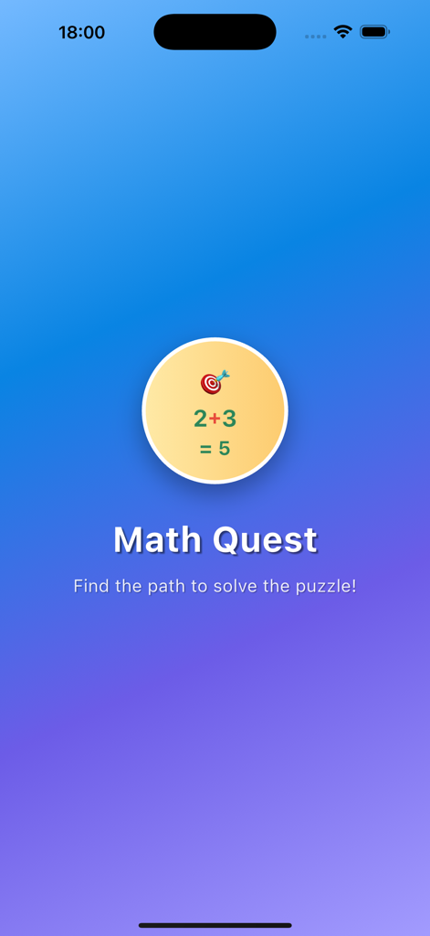 Math Quest: Brain Training - Pantalla de inicio de la aplicación Math Quest mostrando un icono de objetivo con un problema de suma simple sobre un fondo degradado azul