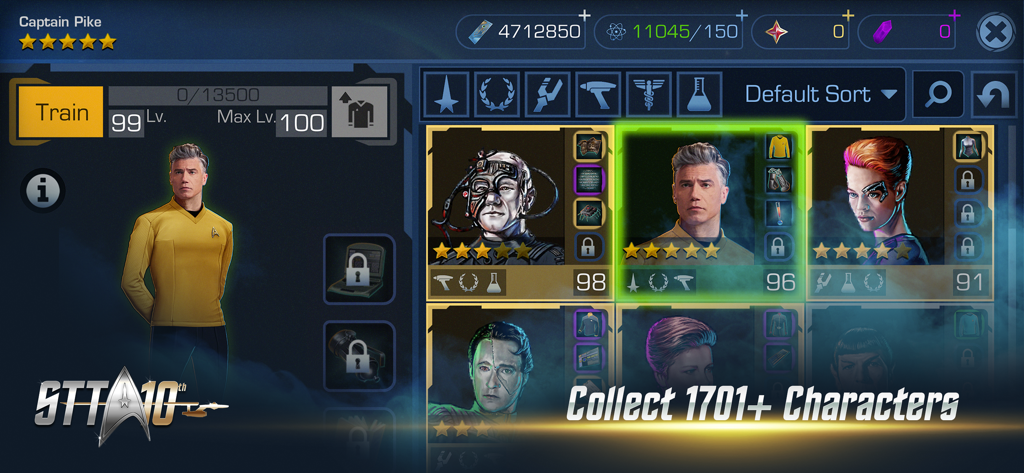 Star Trek Timelines - Interfaz del juego móvil Star Trek Timelines que muestra una lista de tripulación con el capitán Pike seleccionado para entrenamiento