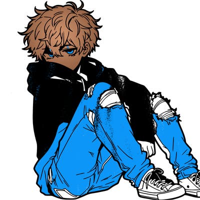 a male hoddie ripped jeans messy hair anime