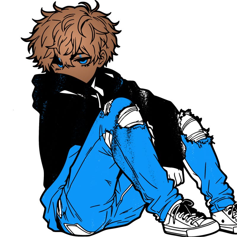 a male hoddie ripped jeans messy hair anime