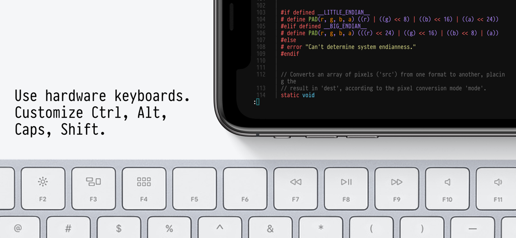 Blink Shell App zeigt Code auf einem Mobilgerät an, das mit einer physischen Hardwaretastatur gekoppelt ist