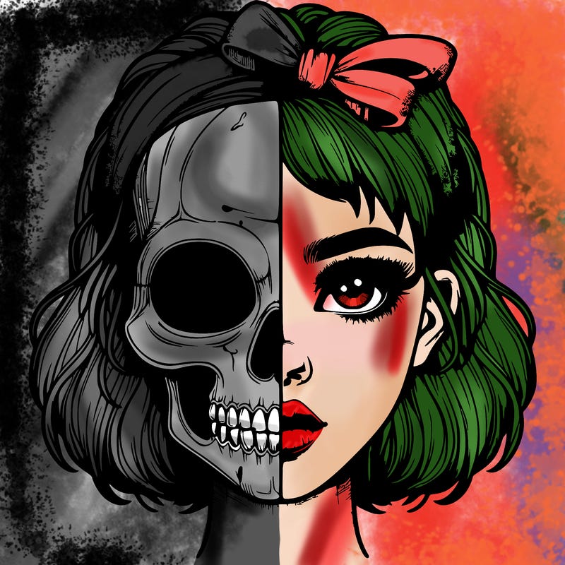 realistic girl with half skull mask