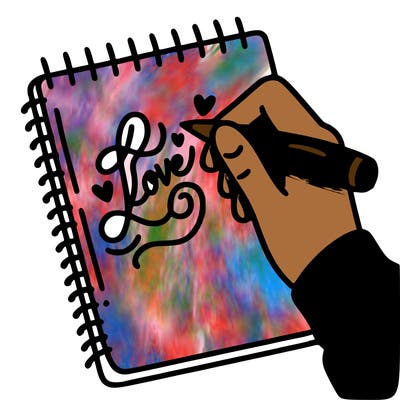 a hand writing “love” in calligraphy on a notebook