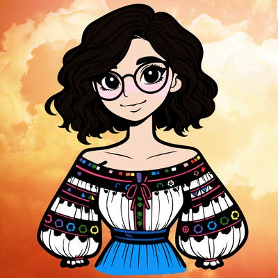 one girl with medium short hair, which are wavy. she has round glasses. she wears a latina outfit.