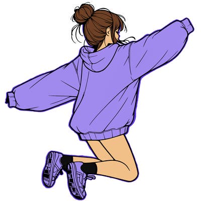 realistic girl jumping with a bun and oversized sweatshirt