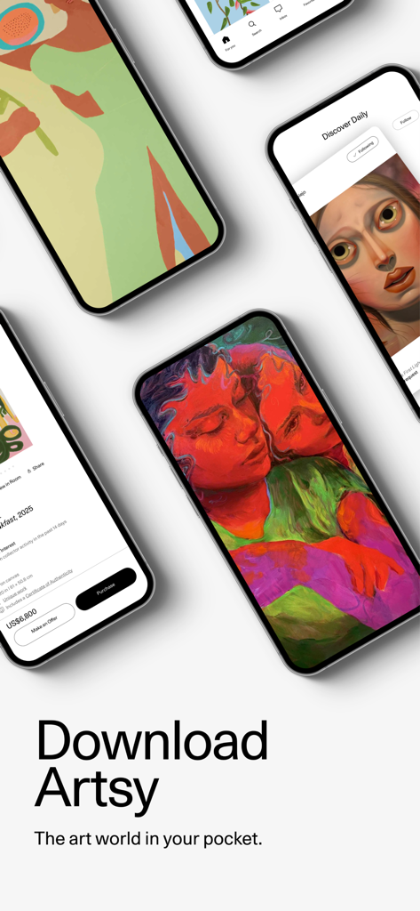 Multiple iPhones displaying the Artsy app showing fine art paintings and purchasing options with the text Download Artsy The art world in your pocket
