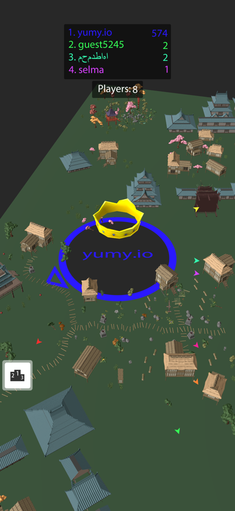 yumy.io - Black Hole Games - Un agujero negro con una corona tragándose edificios en un mapa con temática samurái con una tabla de clasificación.