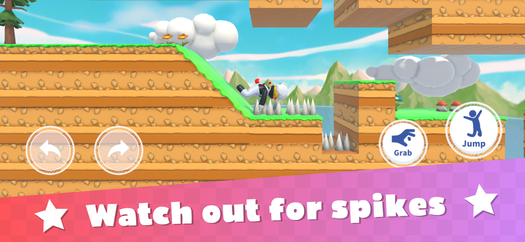 Super Jump Man - A cartoon character falling onto sharp metal spikes in a physics-based platformer level.