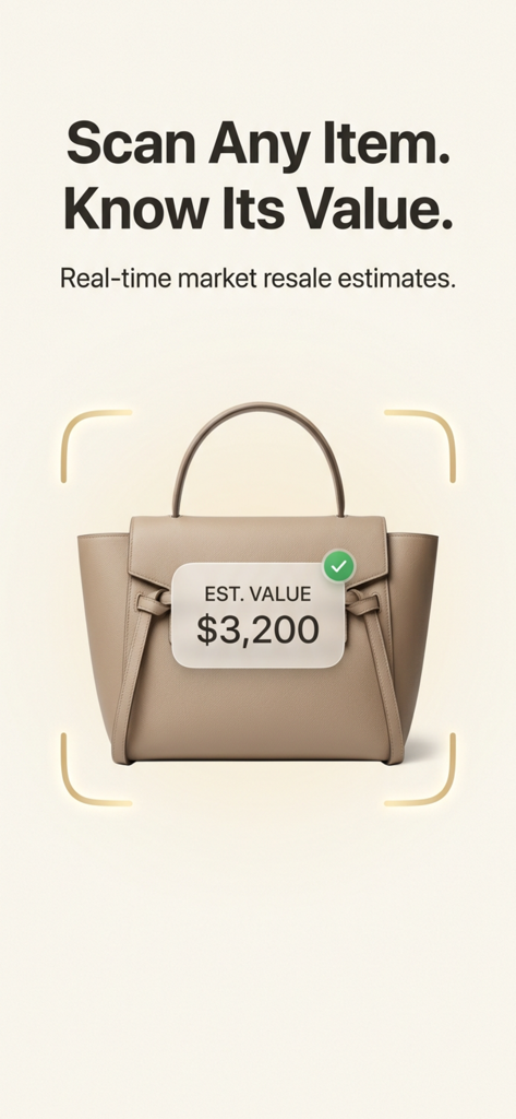 Revalue: Clothing Value Scan - Screenshot of the Revalue app interface scanning a designer handbag showing an estimated resale value of 3200 dollars