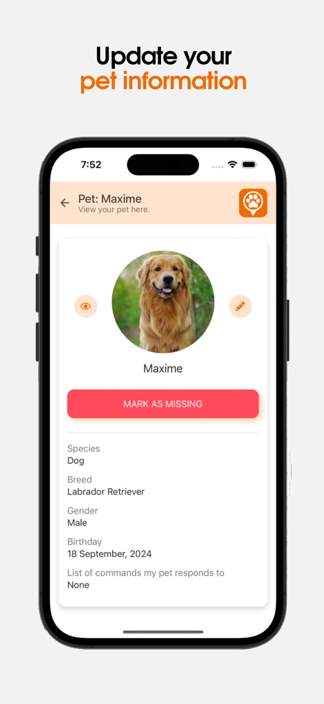 Gotcha! Lost & Found App - Gotcha app pet profile screen showing pet information for a dog and a mark as missing button