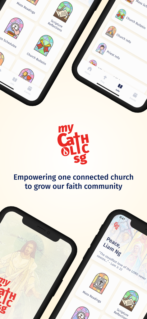 myCatholicSG App - Screenshots of the myCatholicSG app showing features like mass readings scripture reflections and church information