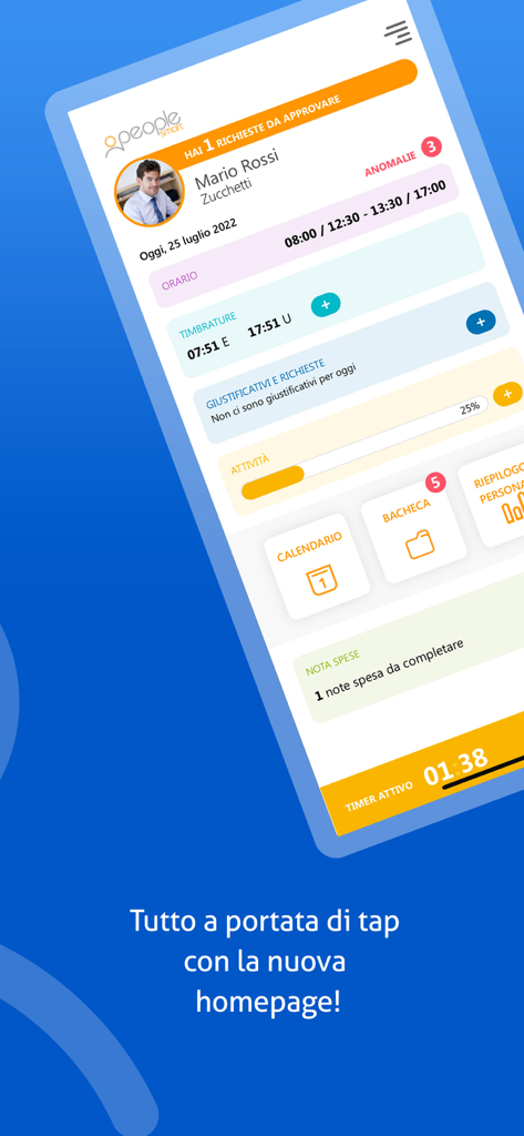 Homepage of the People Smart mobile app showing a dashboard with time tracking and HR features