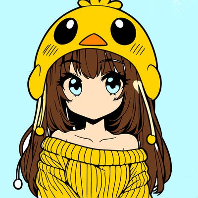 anime girl with chick shaped hat with sweater with bare shoulders with bangs covering them one eye with low tail