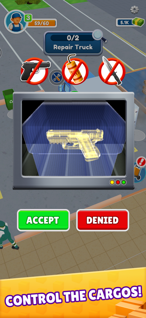 Cargo Boom Game - X-ray scanner gameplay in Cargo Boom Game showing a prohibited handgun inside a delivery package.