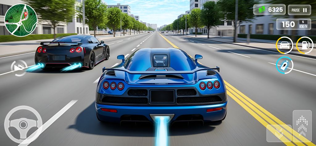 DriftLine: Urban Rush Car Game - A blue supercar and a black sports car racing on an urban street in the DriftLine Urban Rush mobile game