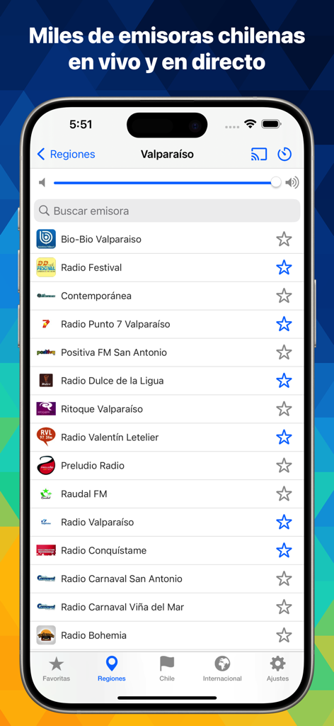 Radio Chile: Escucha En Vivo - Uno schermo di smartphone che mostra un elenco di stazioni radio cilene regionali della regione di Valparaíso nell'app Radio Chile