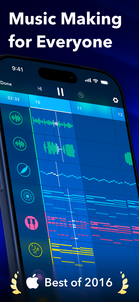 Medly - Interfaz de la aplicación Medly para crear música en un smartphone que muestra coloridas pistas de audio y secciones