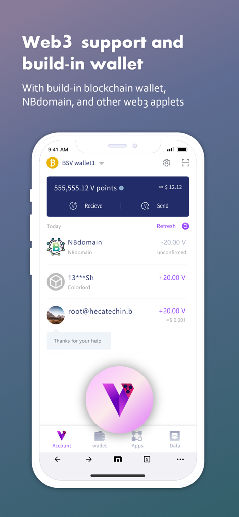 Maxthon Browser - Interface du navigateur Maxthon affichant le portefeuille blockchain Web3 intégré et l'historique des transactions