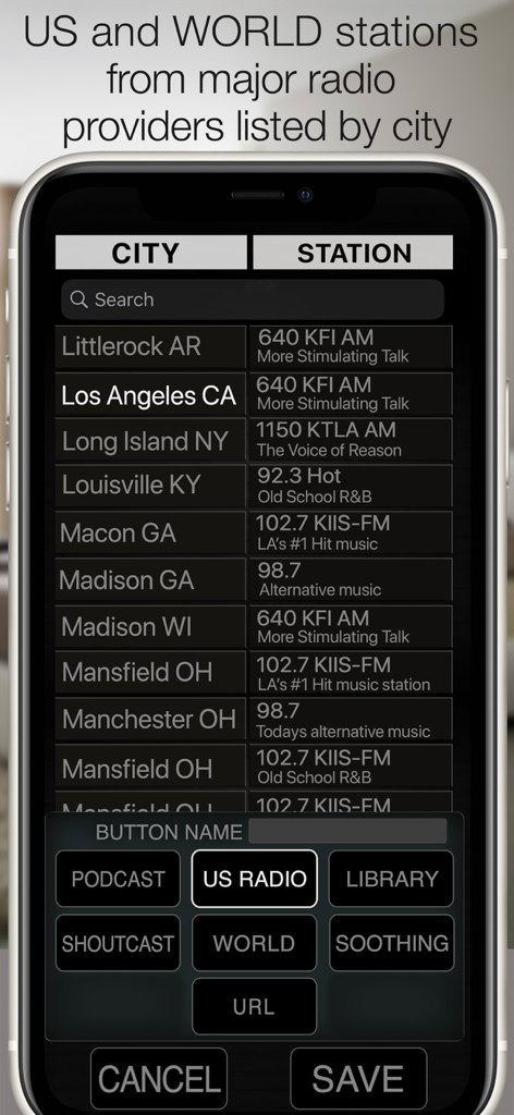 Best Clock Radio-Podcast - 미국 라디오 방송 목록이 도시별 및 프로그래밍 가능한 프리셋 버튼별로 정리된 최고의 시계 라디오 앱 인터페이스