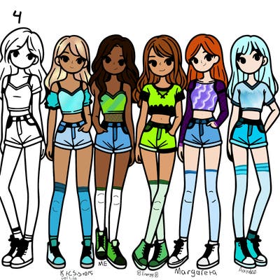 a group of girls wearing crop tops and shorts