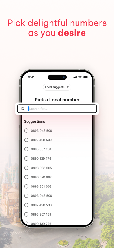 myLocal.vn - Una interfaz móvil para seleccionar un número de teléfono local vietnamita de una lista de sugerencias en la aplicación myLocal.vn.