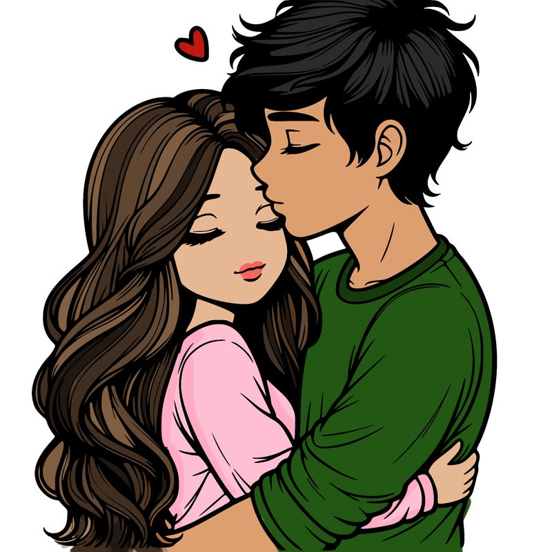 a realistic couple boy and girl hugging and kissing