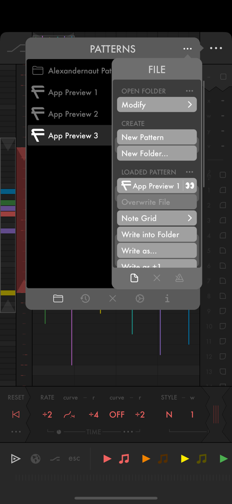 Fugue Machine Rubato pattern and file management menu