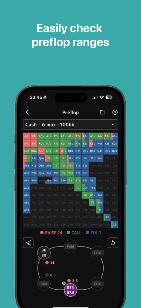NTPoker – GTO Poker Trainer - NTPoker app screen showing preflop poker hand ranges for GTO training