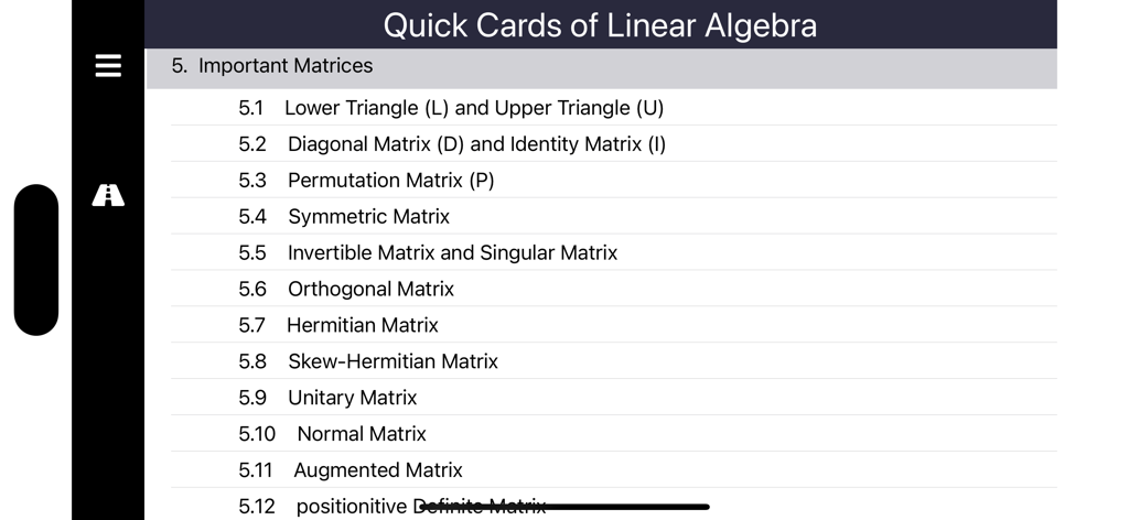 Linear Algebra QCard - Bildschirm der Lineare Algebra QCard App, der eine Liste verschiedener Matrixtypen anzeigt