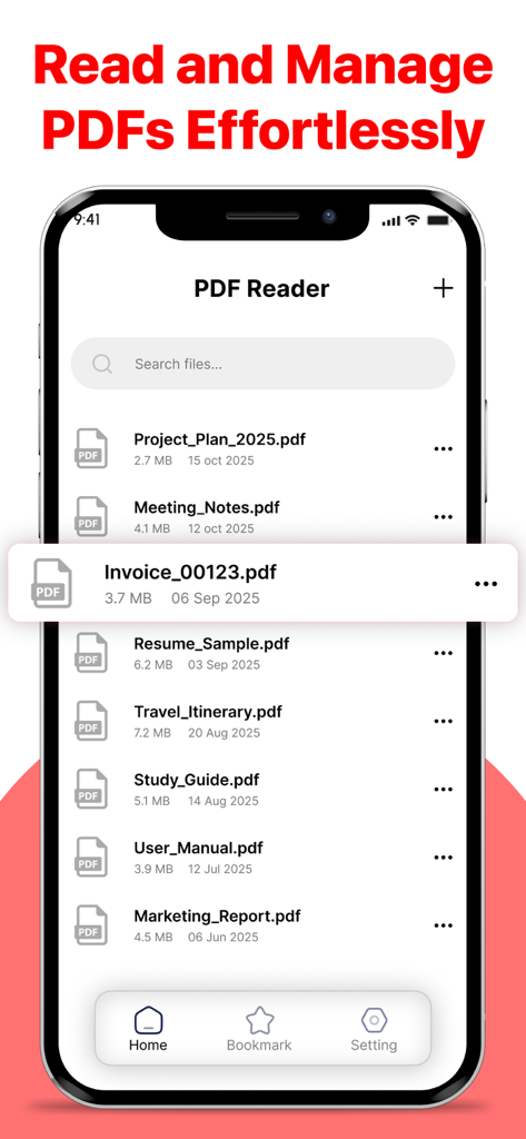 iPhoneでの簡単な管理のために、PDFドキュメントのリストを表示するモバイルアプリのインターフェイス。