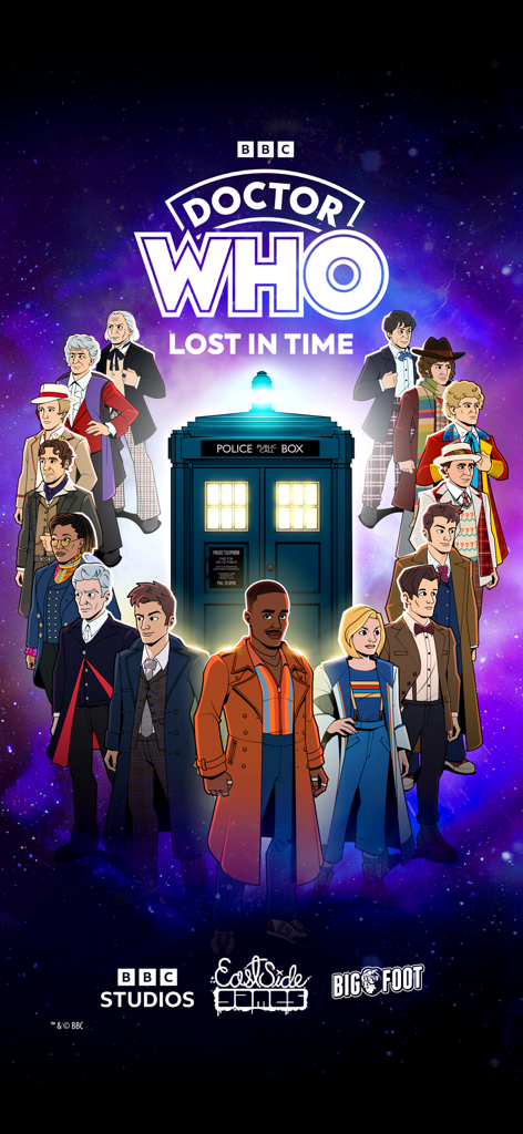 Doctor Who: Lost In Time - Title screen for Doctor Who Lost In Time mobile game featuring multiple incarnations of the Doctor around the TARDIS in space