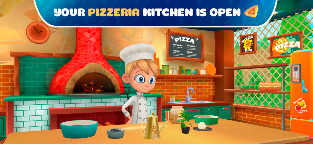 Burger Maker: Kitchen Game FF3 - A cartoon chef boy in a bright pizzeria kitchen with a stone oven and fresh cooking ingredients