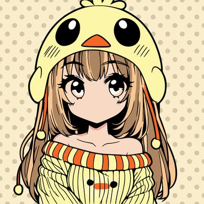 anime girl with chick shaped hat with sweater with bare shoulders with bangs covering them one eye with low tail